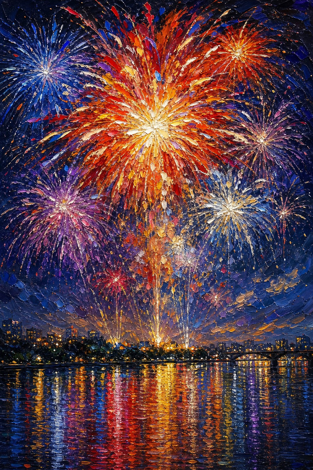川面に映り込む、色とりどりの大輪の花火を油絵タッチで描いたAIアート作品