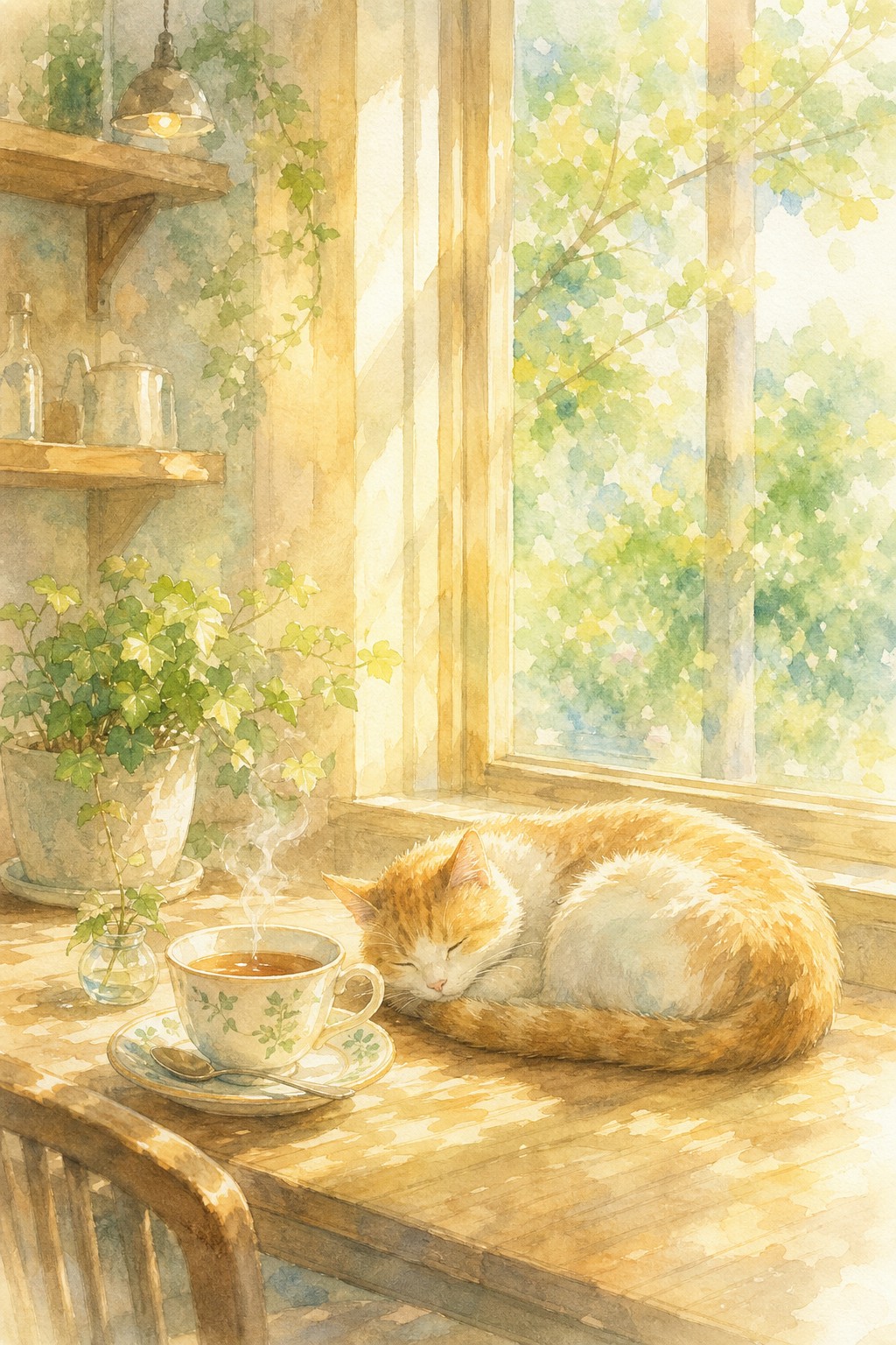 日ざしの入る窓辺のテーブルで、紅茶のカップのとなりに丸くなって眠る猫を描いた水彩画風のAIアート作品