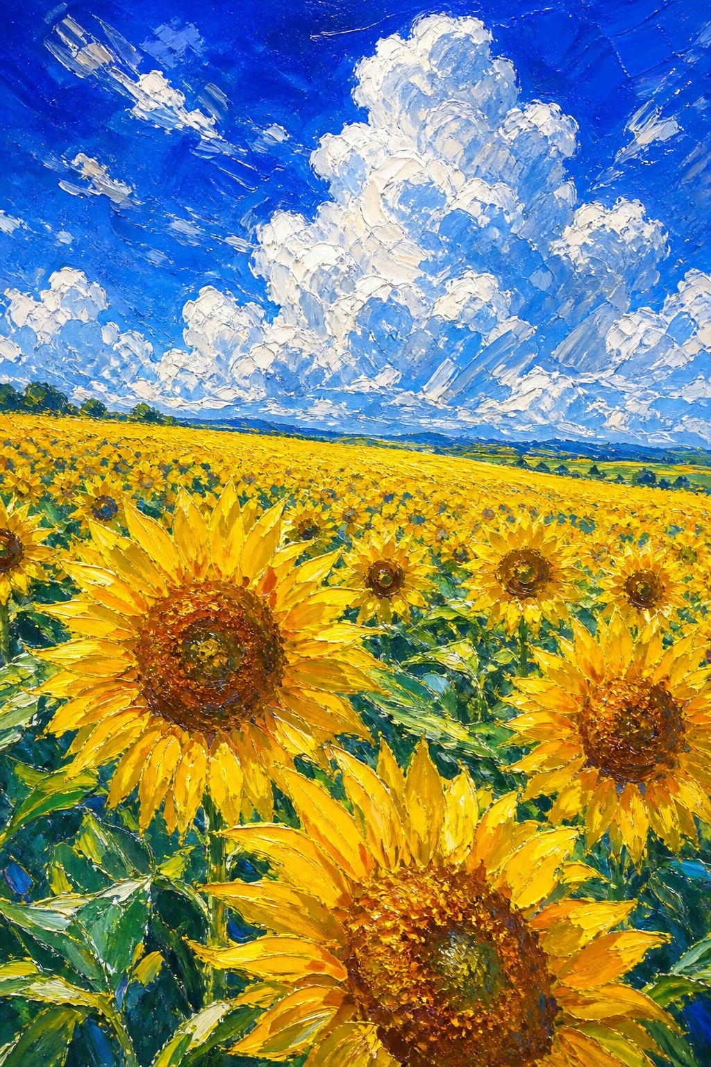 青空と入道雲の下に一面に広がるひまわり畑を厚塗りで描いたAIアート作品