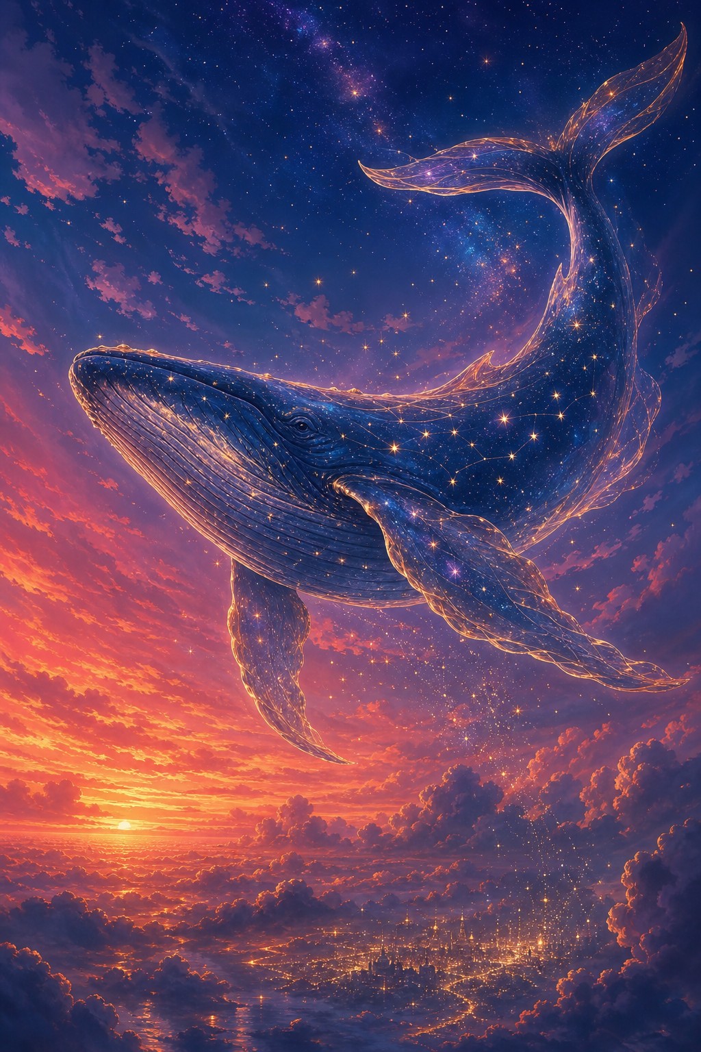 夕焼けと星空のあいだを泳ぐ、光の粒でできたクジラを描いたAIアート作品