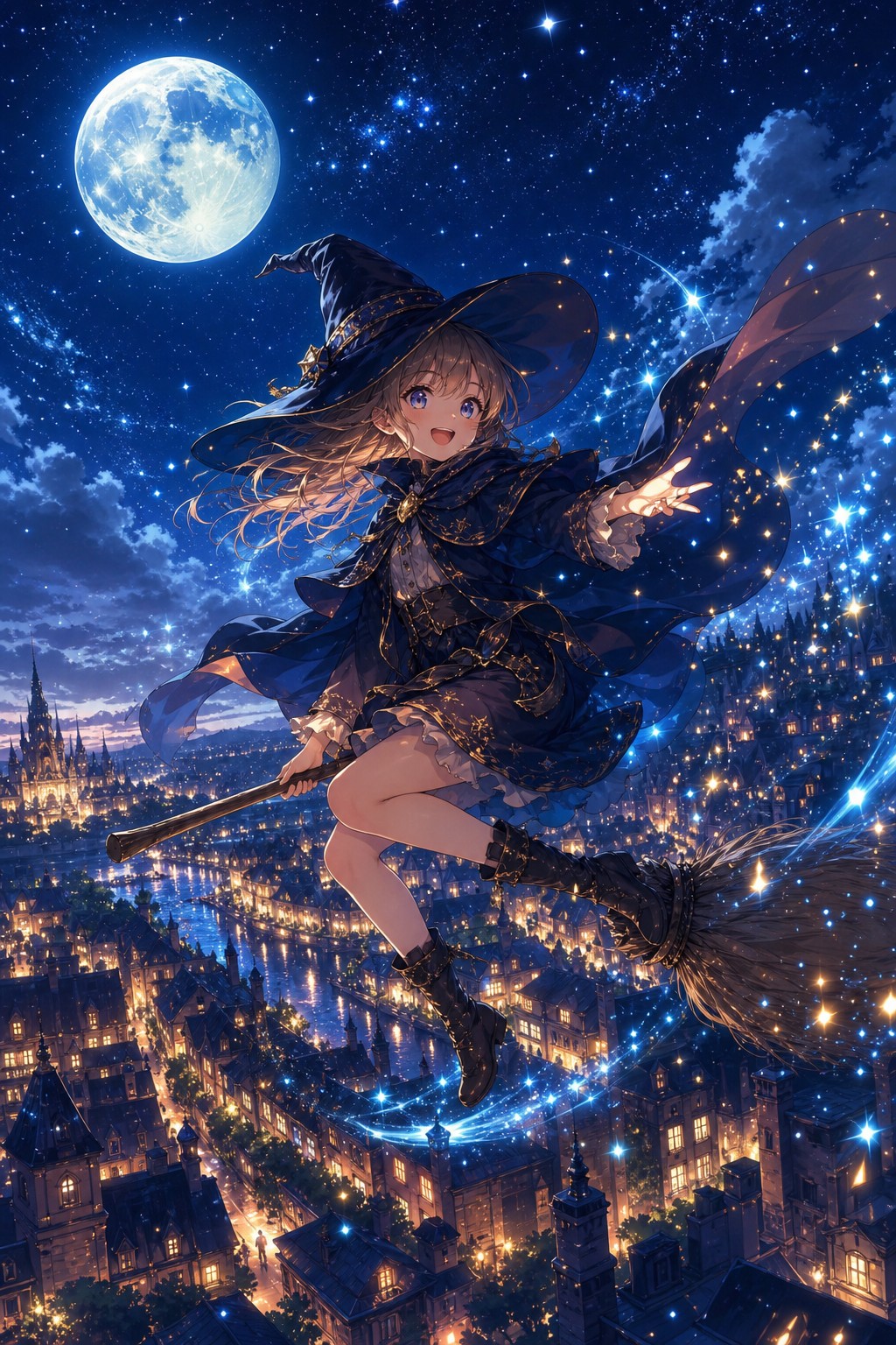 満月の夜、ほうきに乗って明かりのともる街の上空を飛ぶ魔法使いの女の子を描いたAIアート作品