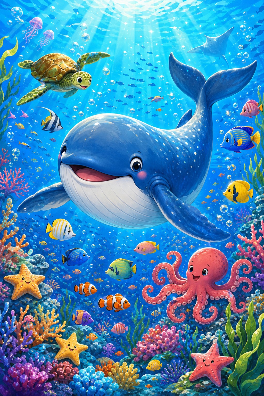 サンゴ礁の海を魚やタコ、ウミガメといっしょに泳ぐ笑顔のクジラを描いたAIアート作品