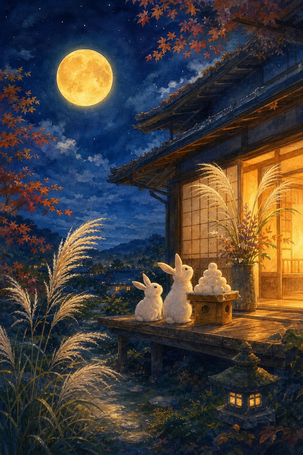 満月の夜、ススキと団子をそなえた縁側に二羽のうさぎがすわっている和風のAIアート作品