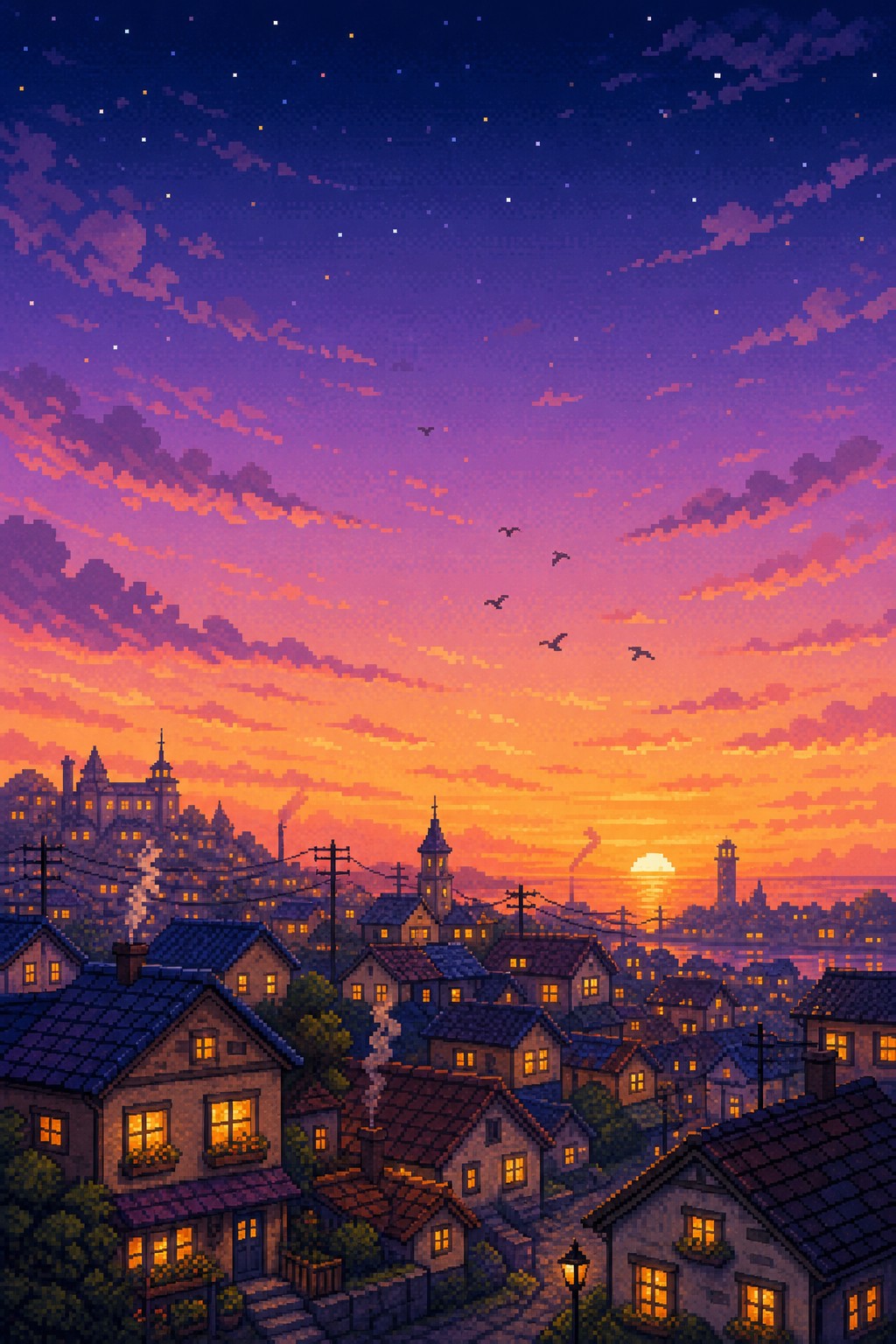 夕日に染まる空の下、明かりのともった家々が斜面に並ぶ港町を描いたドット絵風のAIアート作品