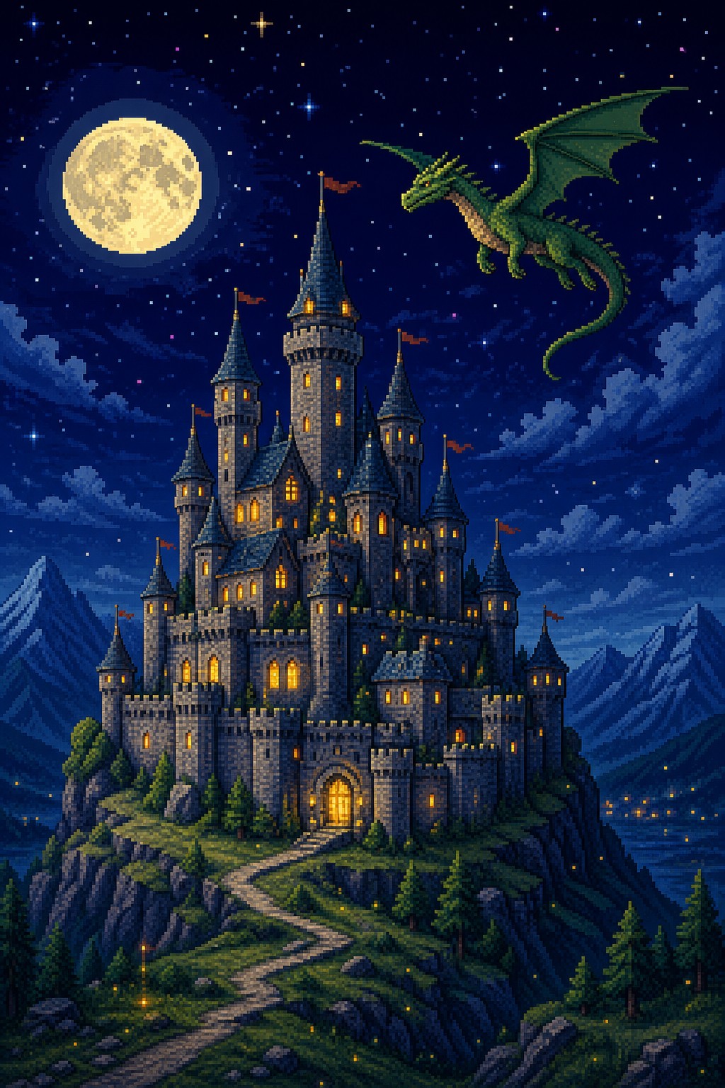 満月の夜空を緑のドラゴンが飛ぶ、山の上の古城を描いたドット絵風のAIアート作品