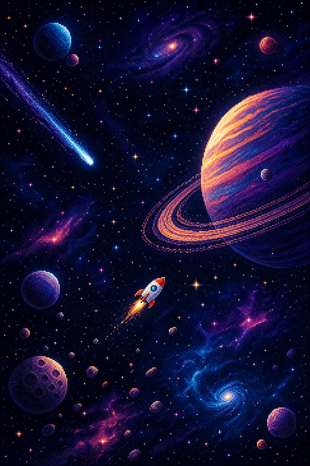 惑星や彗星、銀河のあいだを小さなロケットが進む宇宙を描いたドット絵風のAIアート作品