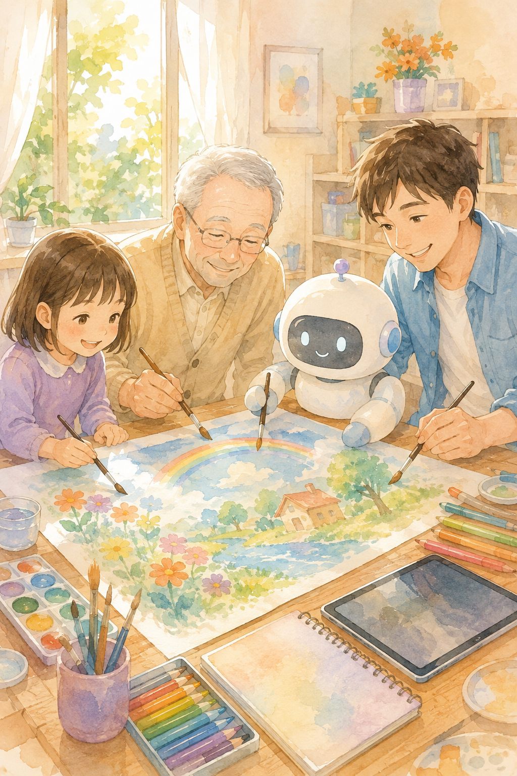 明るい部屋の大きな机で、女の子とおじいさんと若い男性が、白いロボットといっしょに一枚の絵を描いている水彩画風のイラスト